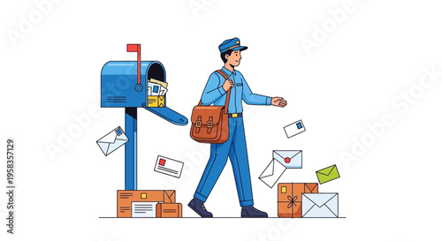 Postman Delivering Mail with Satchel and Mailbox.