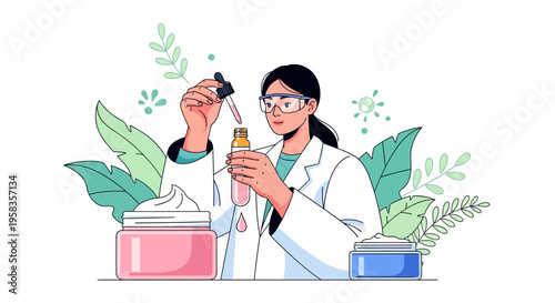 Scientist conducting cosmetic research with dropper and bottle.