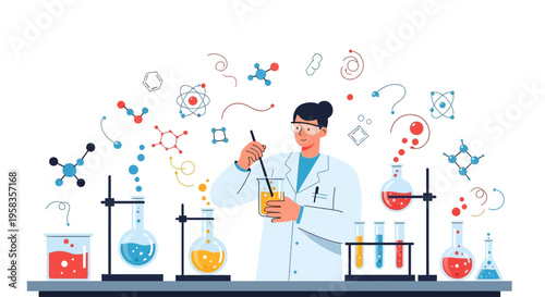Scientist conducting experiment in laboratory with chemical reactions.