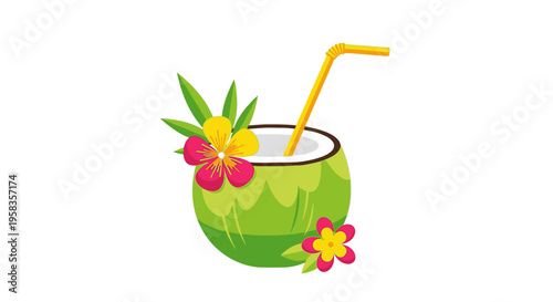Refreshing Green Coconut Drink with Tropical Flowers and Straw.