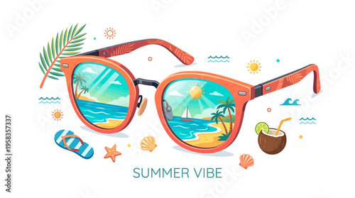 Orange sunglasses reflecting a tropical beach scene.