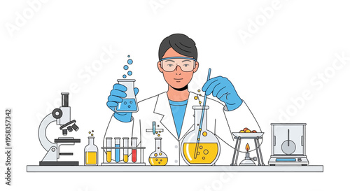 Scientist conducting experiment in laboratory with equipment.