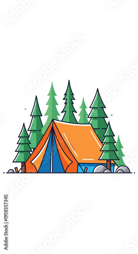 Orange Tent Set Among Tall Evergreen Trees.