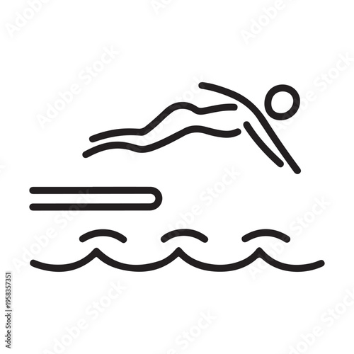 Swimmer Diving From Springboard Into Pool Water Linear Vector Icon