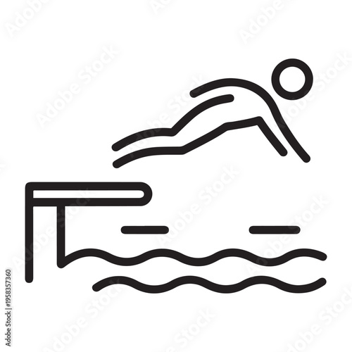 Swimmer Diving From Springboard Into Pool Water Linear Vector Icon