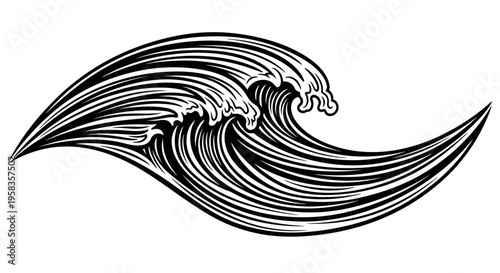 Stylized Black and White Ocean Waves Illustration.