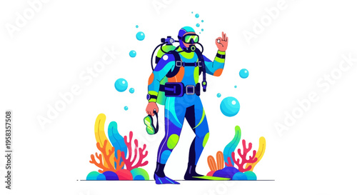 Scuba Diver in Full Gear Underwater Scene.