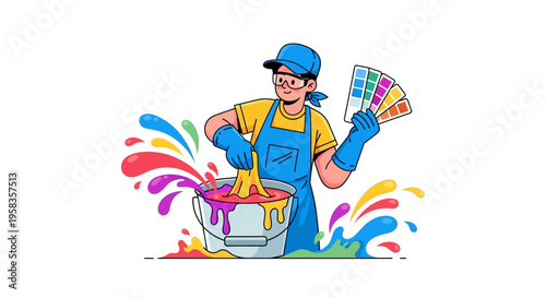 Painter mixing colors with paint swatches.