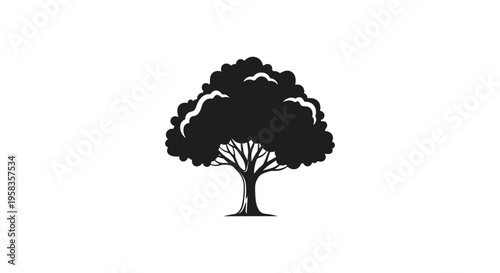 Stylized black silhouette of a robust tree with full foliage.