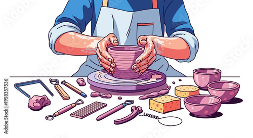 Potter shaping clay on a spinning wheel with tools.