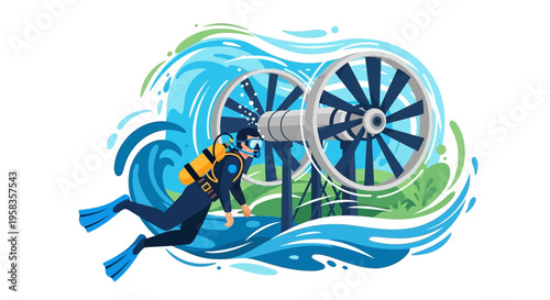 Scuba diver inspecting large underwater turbines for renewable energy.