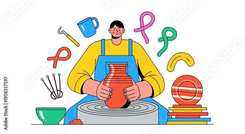 Potter shaping clay on a wheel with tools.