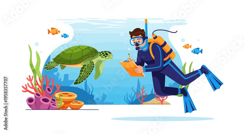 Scuba diver observes a sea turtle underwater.