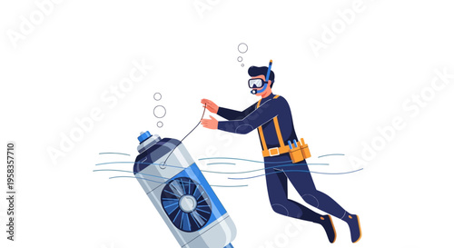 Scuba Diver Retrieves Large Water Bottle Underwater.