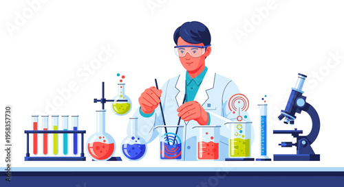 Scientist conducting experiment in laboratory with equipment.