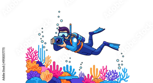 Scuba diver with camera exploring coral reef underwater.