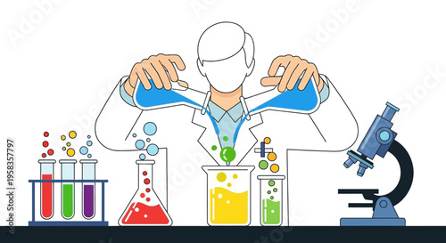 Scientist Conducting Experiment with Colorful Liquids and Equipment.