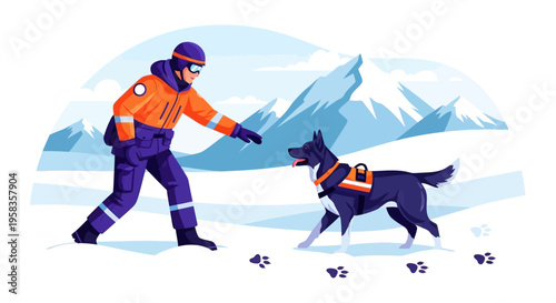Search and rescue rescuer training dog in snowy mountains.
