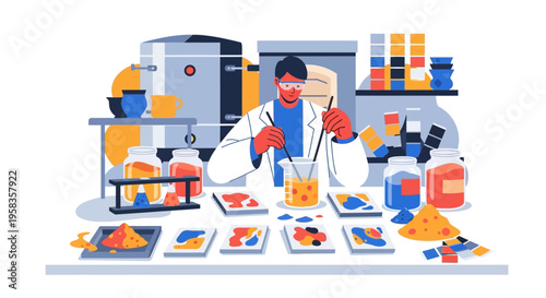 Scientist conducting experiment with colorful liquids in laboratory.