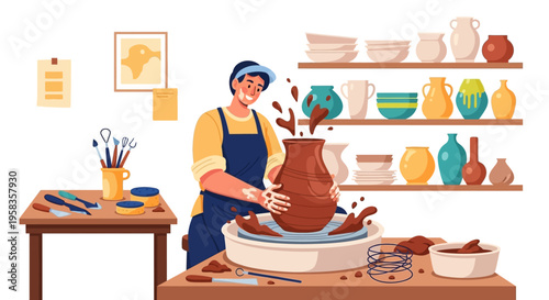 Potter shaping clay on a spinning wheel.