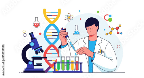 Scientist conducting experiment with DNA and microscope.