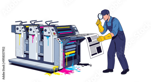 Printing Press Operator Inspecting Quality Control Sheet.