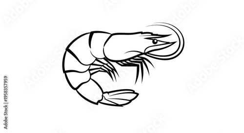 Stylized illustration of a shrimp in black and white.