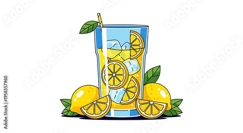 Refreshing Lemonade Drink with Slices and Ice.