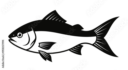 Stylized illustration of a single fish in black and white.