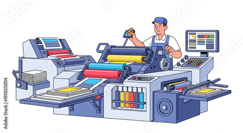Printing press operator working with modern printing machine.
