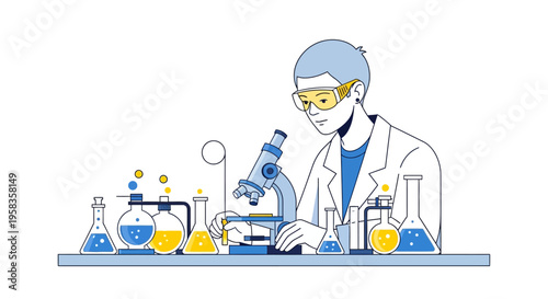 Scientist Conducting Research in Laboratory with Microscope and Beakers.