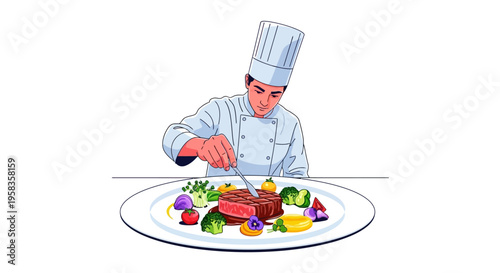 Skilled Chef Artfully Arranging Gourmet Meal Presentation.