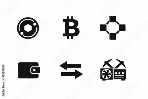 Cryptocurrency icons: bitcoin, wallet, exchange, mining, blockchain symbols