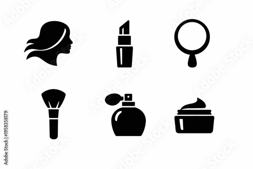 Beauty icons set: silhouette of female head, lipstick, mirror, brush, perfume, cream jar