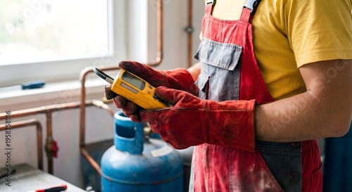 Professional adult male White HVAC technician in red overalls and yellow shirt using a digital gas leak detector to inspect a home boiler system, safety maintenance service concept.
