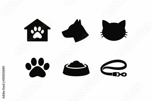 Pet care icons: dog, cat, paw, food, leash, pet house symbols