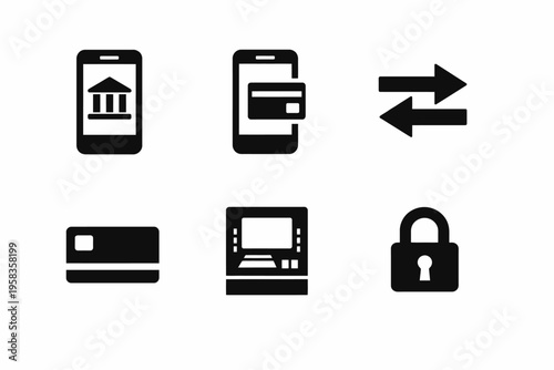 Mobile banking and security icons: bank, payment, transfer, card, atm, lock