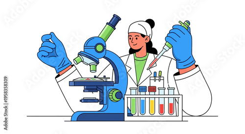 Scientist Conducting Research with Microscope and Test Tubes.