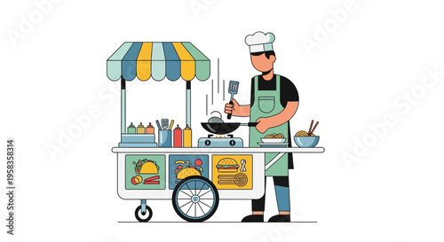 Street Food Vendor Cooking Delicious Meal at Cart.