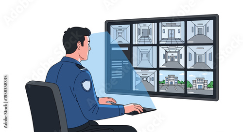 Security Guard Monitoring Multiple Surveillance Screens.