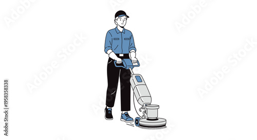 Professional cleaner operating a floor buffer machine with focus.