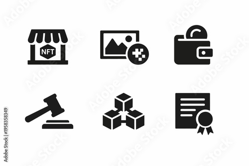 Nft marketplace icons: shop, wallet, auction, blockchain, certificate