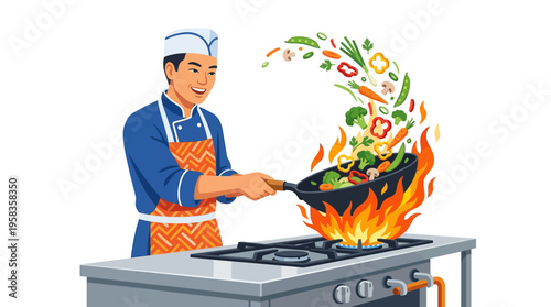 Skilled Chef Cooking Delicious Food in a Wok with Flames.