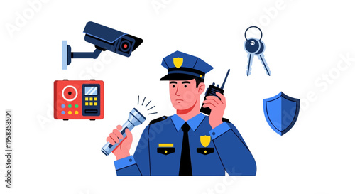 Security Guard Officer with Equipment and Tools.