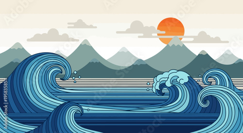 Stylized Ocean Waves with Mountains and Sun.