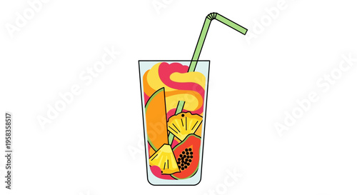 Refreshing Tropical Fruit Cocktail in Tall Glass with Straw.