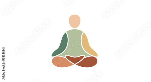Stylized person meditating in lotus pose with colorful segments.