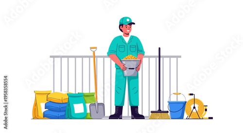Professional cleaner with cleaning supplies and equipment.