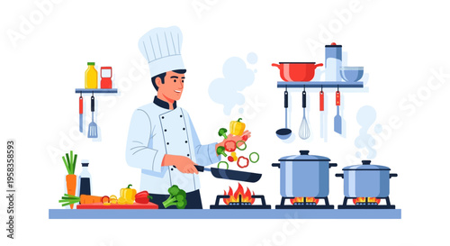 Skilled Chef Cooking Delicious Food in Professional Kitchen.