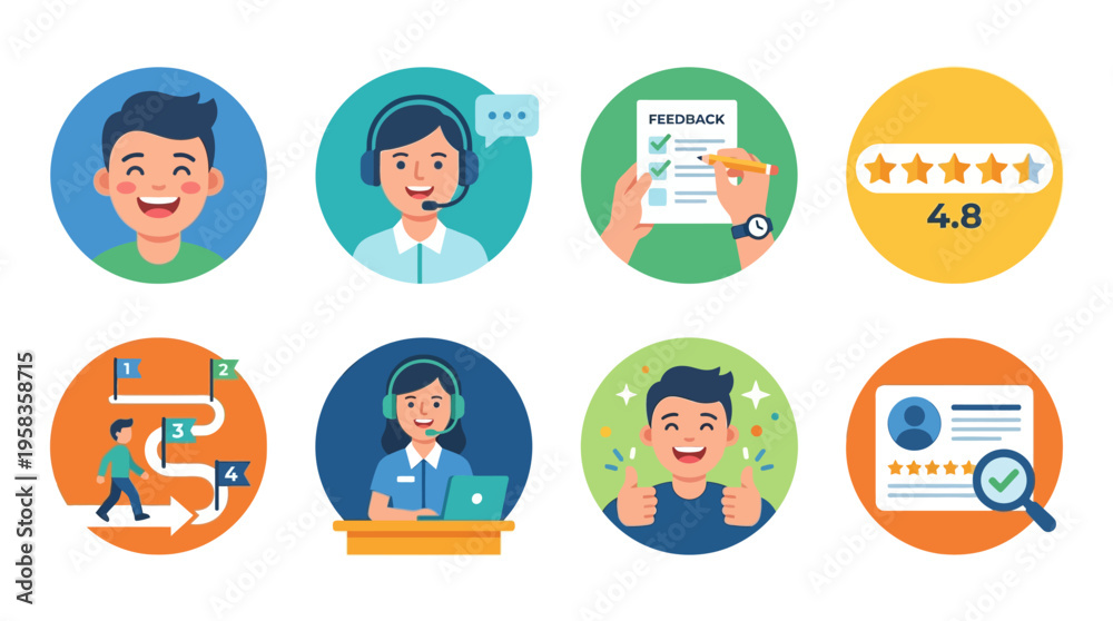 Fototapeta premium A vector illustration of people interacting with various digital icons and screens in a modern office environment with a focus on technology and communication.